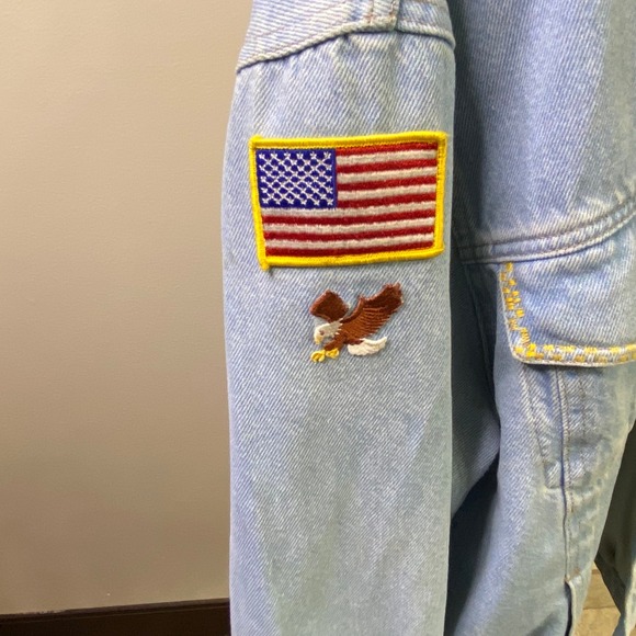Faded Glory Denim‎ Jacket USA Eagle Train Patchwork Light Wash Retro Style L - Picture 3 of 9